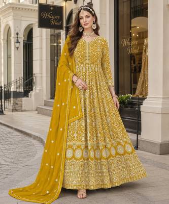 Yellow embroidered faux georgette semi stitched anarkali suit 1