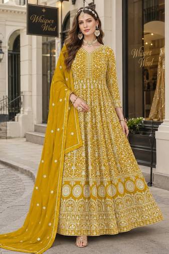 Yellow embroidered faux georgette semi stitched anarkali suit
