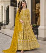 Yellow embroidered faux georgette semi stitched anarkali suit