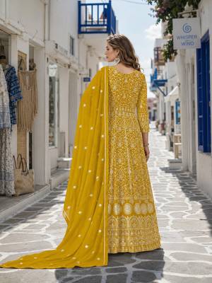 Yellow embroidered faux georgette semi stitched anarkali suit 2
