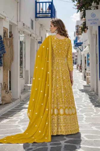 Yellow embroidered faux georgette semi stitched anarkali suit