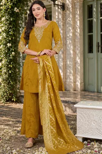 Women Ethnic Motifs Embroidered Regular Thread Work Kurta with Palazzos & With Dupatta