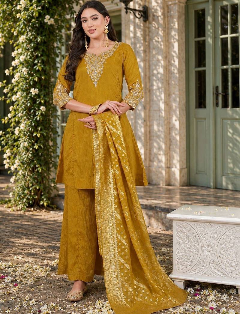 Women Ethnic Motifs Embroidered Regular Thread Work Kurta with Palazzos & With Dupatta