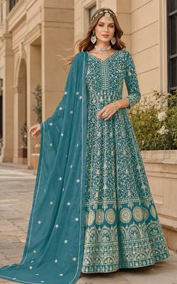 Yellow embroidered faux georgette semi stitched anarkali suit 1