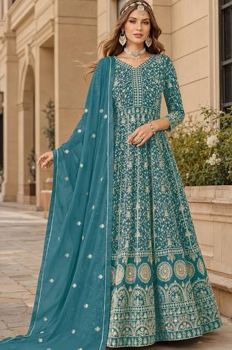 Yellow embroidered faux georgette semi stitched anarkali suit