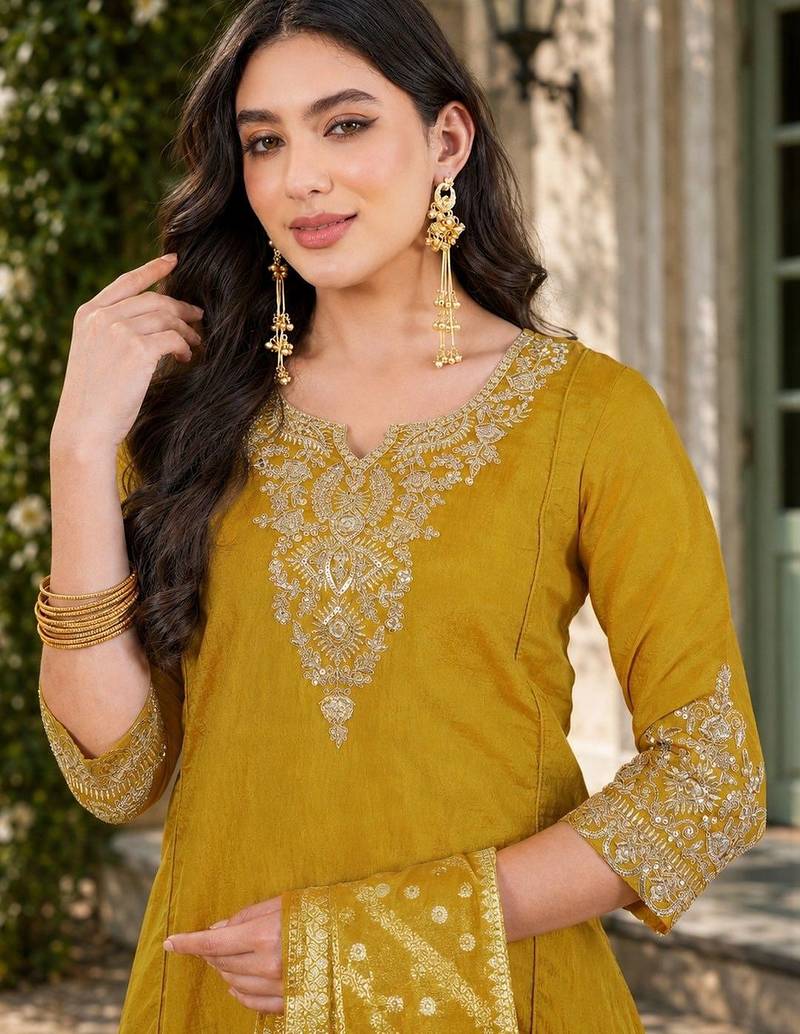 Women Ethnic Motifs Embroidered Regular Thread Work Kurta with Palazzos & With Dupatta