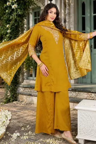 Women Ethnic Motifs Embroidered Regular Thread Work Kurta with Palazzos & With Dupatta