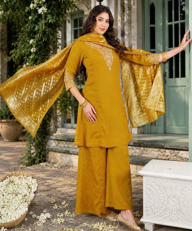 Women Ethnic Motifs Embroidered Regular Thread Work Kurta with Palazzos & With Dupatta