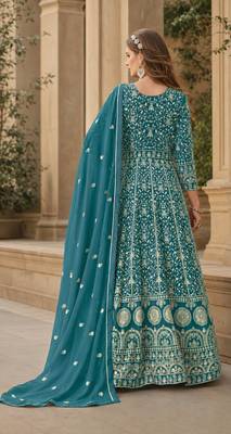 Yellow embroidered faux georgette semi stitched anarkali suit 2