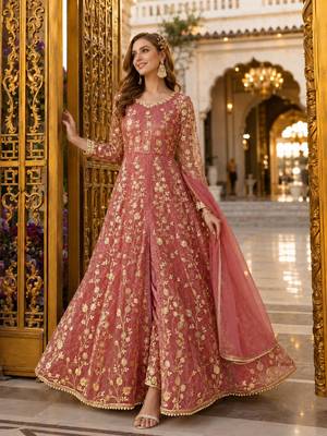 Pink embroidered net semi stitched anarkali suit 1