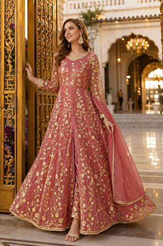 Pink embroidered net semi stitched anarkali suit