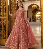 Pink embroidered net semi stitched anarkali suit
