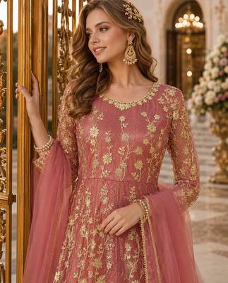 Pink embroidered net semi stitched anarkali suit 2