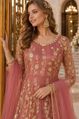 Pink embroidered net semi stitched anarkali suit