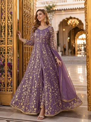 Purple embroidered net semi stitched anarkali suit 1