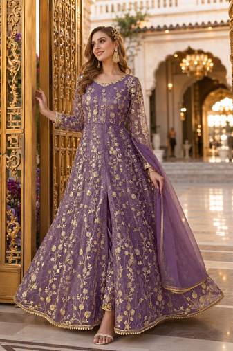 Purple embroidered net semi stitched anarkali suit
