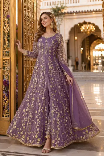 Purple embroidered net semi stitched anarkali suit