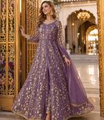 Purple embroidered net semi stitched anarkali suit