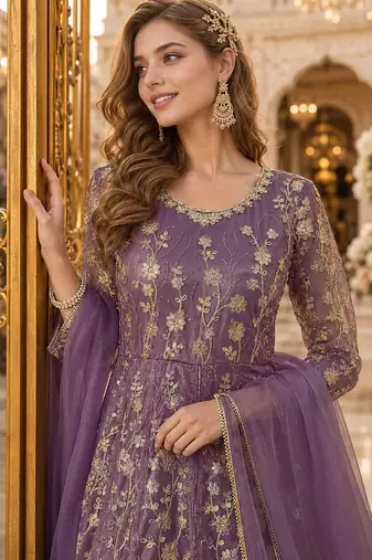 Purple embroidered net semi stitched anarkali suit