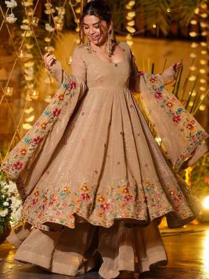 Women Floral Embroidered Empire Thread Work Kurta with Palazzos & With Dupatta 1
