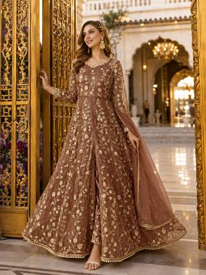 Brown embroidered net semi stitched anarkali suit 1
