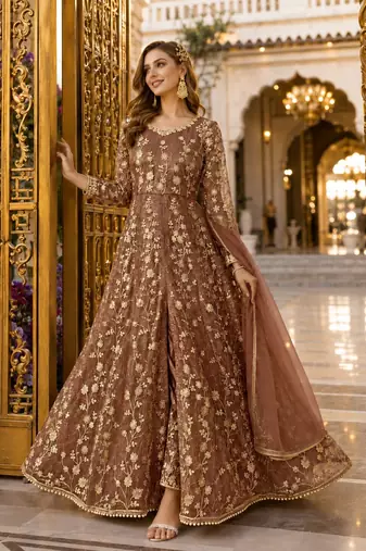 Brown embroidered net semi stitched anarkali suit