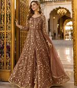 Brown embroidered net semi stitched anarkali suit