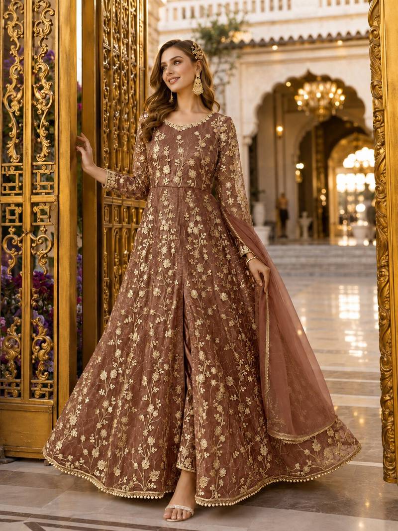 Brown embroidered net semi stitched anarkali suit