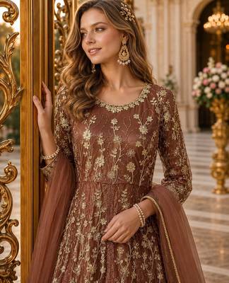 Brown embroidered net semi stitched anarkali suit 2