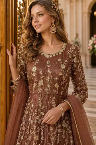 Brown embroidered net semi stitched anarkali suit