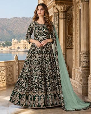 Green embroidered faux georgette semi stitched anarkali suit 1