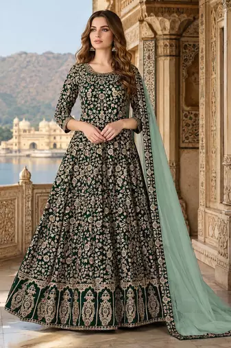 Green embroidered faux georgette semi stitched anarkali suit