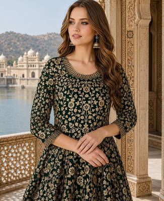 Green embroidered faux georgette semi stitched anarkali suit 2