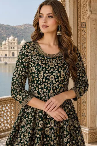 Green embroidered faux georgette semi stitched anarkali suit