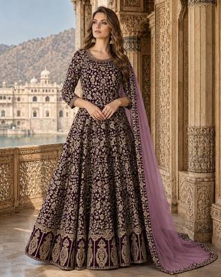 Purple embroidered faux georgette semi stitched anarkali suit 1