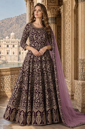 Purple embroidered faux georgette semi stitched anarkali suit