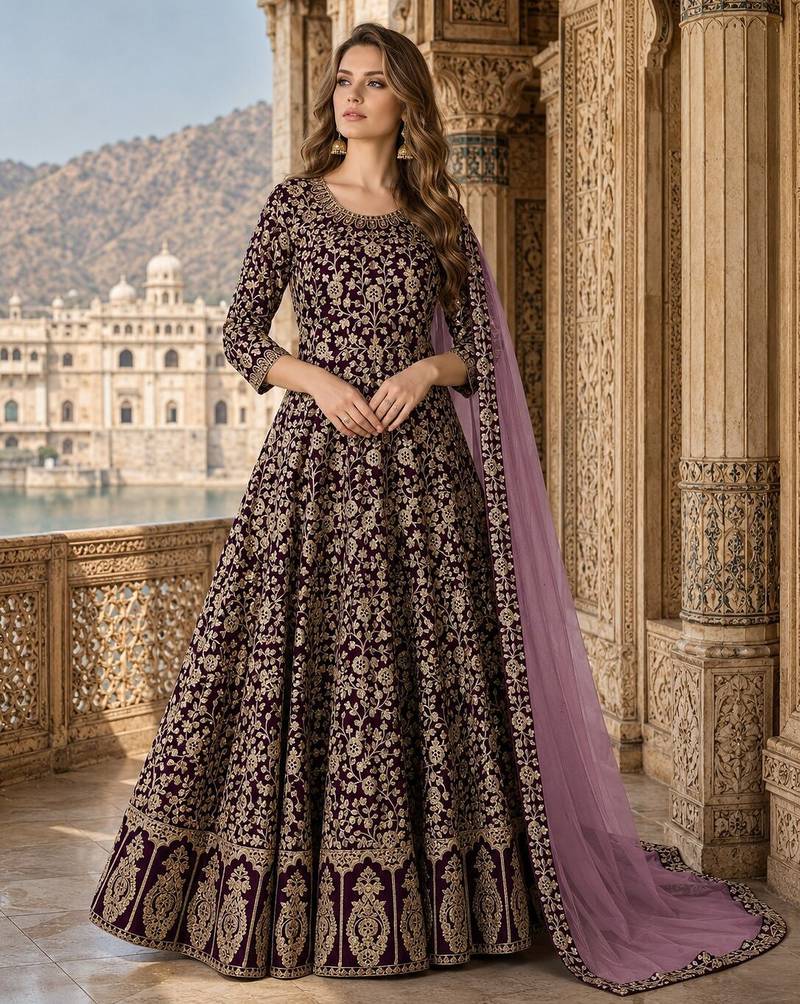 Purple embroidered faux georgette semi stitched anarkali suit