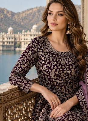 Purple embroidered faux georgette semi stitched anarkali suit 2