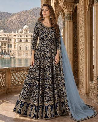 Navy blue embroidered faux georgette semi stitched anarkali suit 1