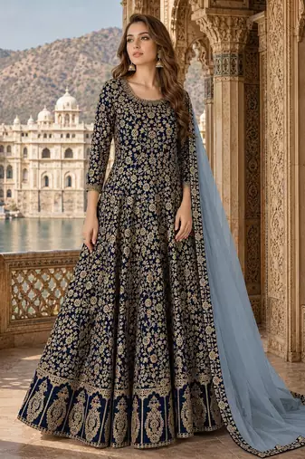 Navy blue embroidered faux georgette semi stitched anarkali suit