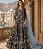 Navy blue embroidered faux georgette semi stitched anarkali suit