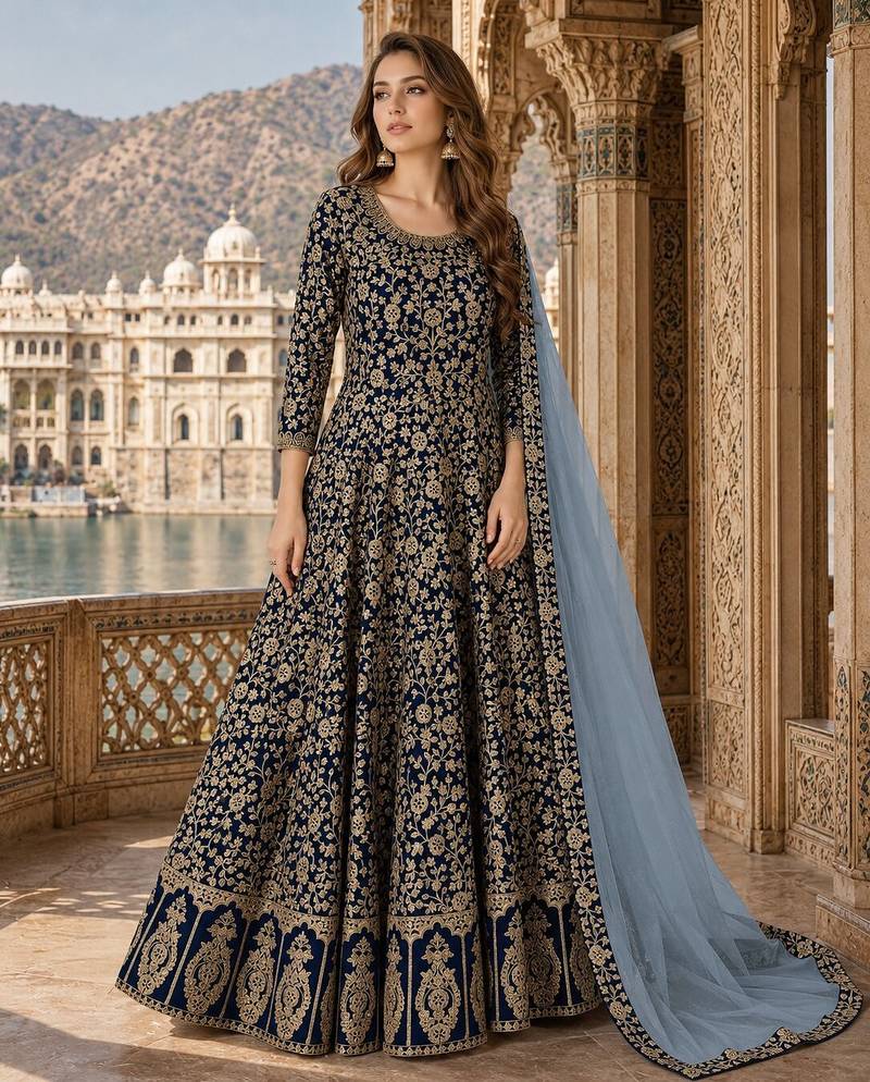 Navy blue embroidered faux georgette semi stitched anarkali suit