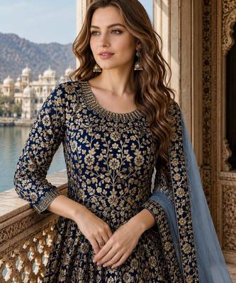 Navy blue embroidered faux georgette semi stitched anarkali suit 2