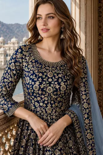 Navy blue embroidered faux georgette semi stitched anarkali suit