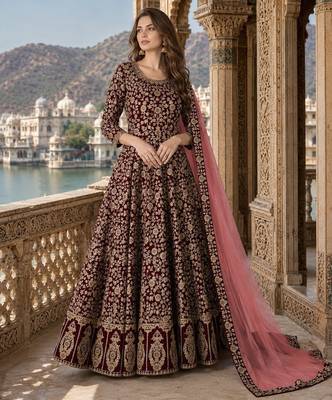 Maroon embroidered faux georgette semi stitched anarkali suit 1