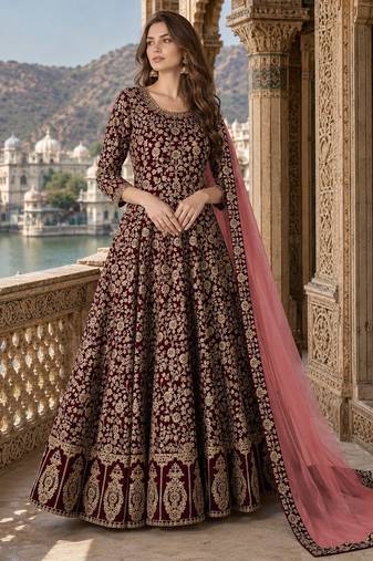 Maroon embroidered faux georgette semi stitched anarkali suit
