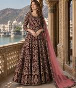 Maroon embroidered faux georgette semi stitched anarkali suit