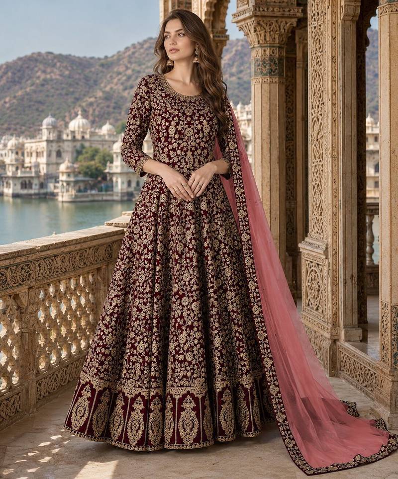 Maroon embroidered faux georgette semi stitched anarkali suit
