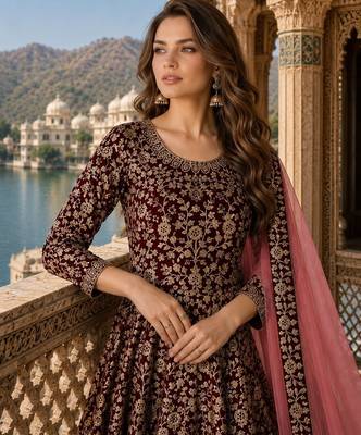 Maroon embroidered faux georgette semi stitched anarkali suit 2