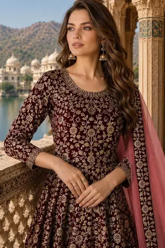Maroon embroidered faux georgette semi stitched anarkali suit